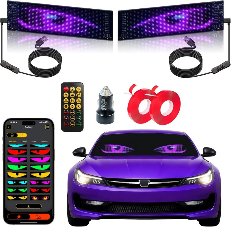 QUEENMO 2PCS LED Eyes for Car Windshield, 13.7"x4" Devil Eyes Light for Cars, Programmable Soft Screen LED Sign with APP Control and Remote Controller - Image 1